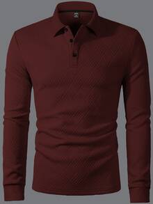Calvornis 1pc Men Solid Color Plain Front Button Long Sleeve Simple Collar Polo Formal Shirt, Casual Everyday Wear, For Work, For Husband, For Fall, Ceremony - Burgundy - View 3