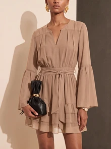 Vesra Women's Solid Color Notch V-Neck Bell Sleeve Fashion Short Dress - Khaki - View 5