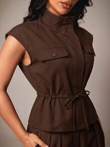 Radiana Women's Solid Color Waist Tie Casual Vest Jacket - Army Green - View 3