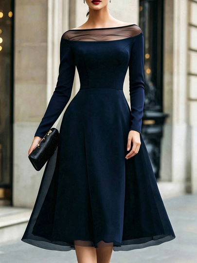 SHEIN Fashionable New French Vintage Square Neck Design Long Sleeve Cinched Cinched Waist Contrast Mesh Sexy Hot Girl Women's Dress, Party, Spring Clothing, Autumn/Winter Outfit, Vacation, Outing, Y2K, Summer, Autumn, Back To School, Casual, Beach, Business, Versatile, Sexy, Women's Blue Dress, Elegant Dress, Autumn/Winter
