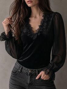 Freevana Velvet Wrap Deep V Lace Blouse With Ruffled Lace Cuffs And Sheer Sleeves, Romantic Evening Top - Black - View 3