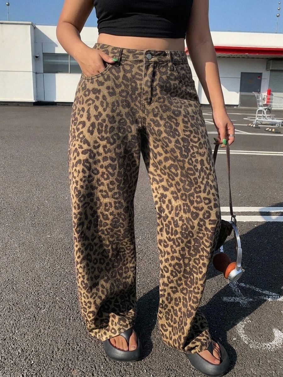 Dazy Plus Leopard Print All-Over Street Casual Y2k 90s Blogger Style Straight Leg Denim Jeans Going Out Birthday Brown - Khaki - View 1