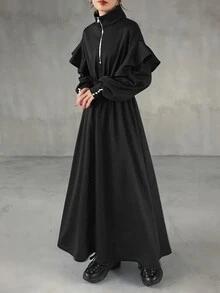 FRIFUL Women's Solid Color Zipper Half-Placket Patchwork Ruffle Hem Casual Long Dress - Black - View 4