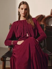 MOTF PREMIUM FASHIONABLE ASYMMETRIC HEMLINE FLARED DESIGN KNITTED TEXTURE AUTUMN/WINTER LONG DRESS - Burgundy - View 7
