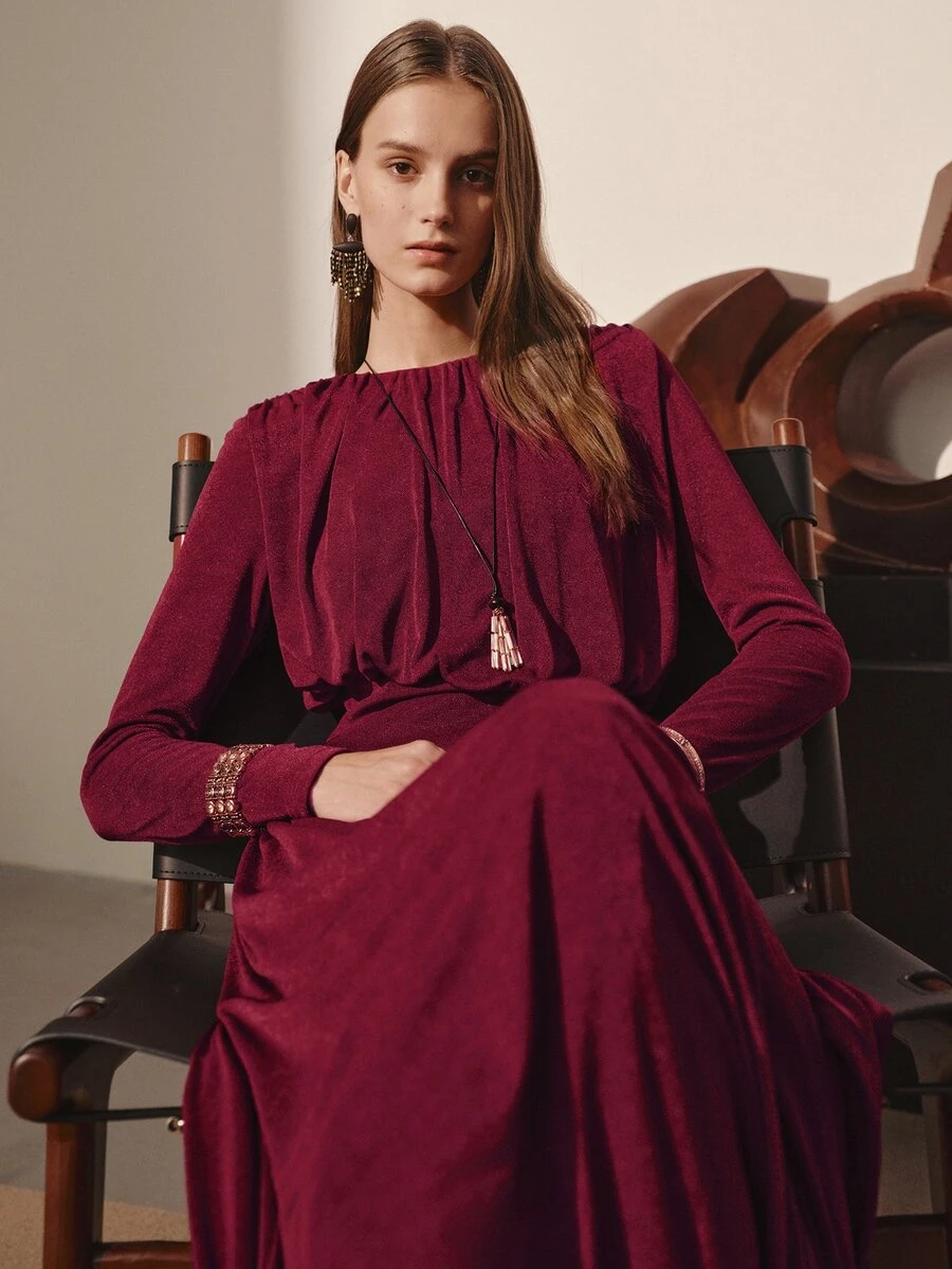 MOTF PREMIUM FASHIONABLE ASYMMETRIC HEMLINE FLARED DESIGN KNITTED TEXTURE AUTUMN/WINTER LONG DRESS - Burgundy - View 1