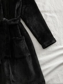 Jubah Berkerudung Kasual Serbaguna dengan Ikat Pinggang Warna Polos untuk Anak Perempuan Remaja - Hitam - View 8