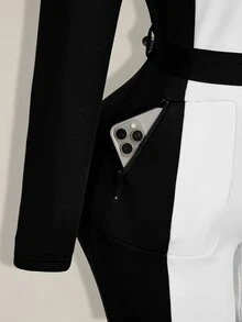 SHEIN ICON Plus Size Retro Y2K Black & White Colorblock Slimming Fitted Thermal Lined Ski Jumpsuit - Black and White - View 9