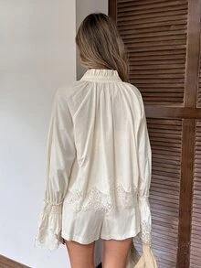 Serisse Women's Solid Color Ruffle Collar Tie Neck Contrast Lace Bell Sleeve Blouse And Shorts Elegant 2 Pieces Set - Multicolor - View 2