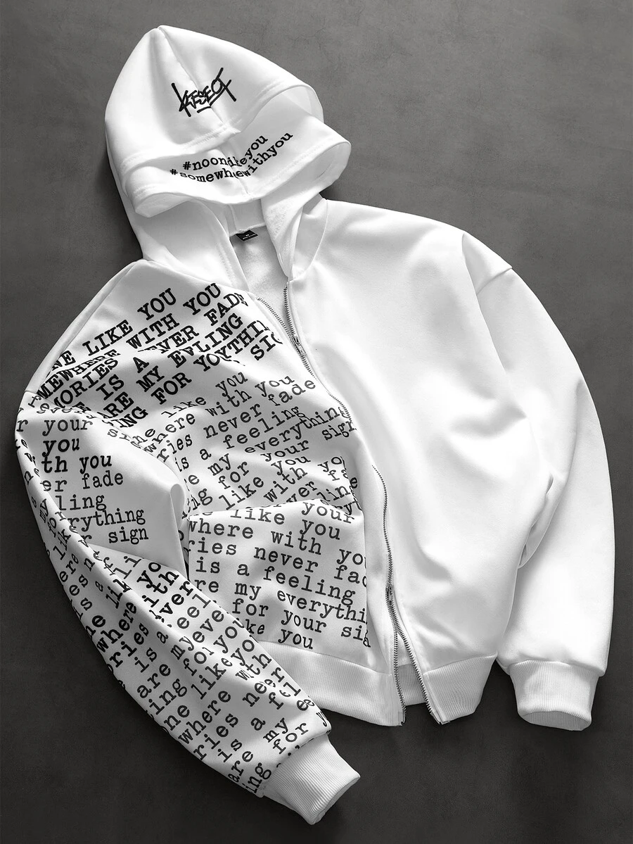 PAVTROS 男士街頭風熱銷雙帽帽帽衫,雙層帽設計,英文字母印花,男友/丈夫禮物,週年紀念禮物,男士運動帽衫 - 白色 - 查看 1