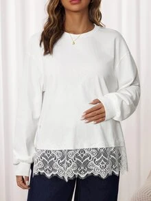 Slowluna Maternity Solid Color Round Neck Dropped Shoulder Long Sleeve Lace Hem Casual T-Shirt - White - View 5