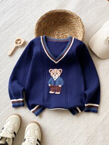 PrepCrw Sweater Kasual Lengan Panjang Berkerah V Bergaris Motif Beruang Kartun untuk Anak Laki-Laki - Royal Blue - View 6