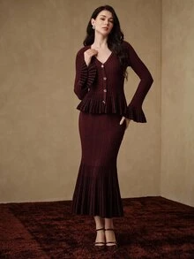 Anewsta Women's Autumn/Winter V-Neck Rhinestone Button Colorblock Ruffle Knit Sweater & Mermaid Skirt 2 Pieces Set - Red Violet - View 5