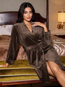 Livesso Women's Solid Color Long Sleeve Waist Tie Casual Robe - Coffee Brown - View 6