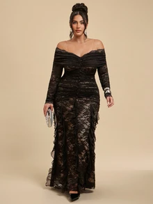SHEIN BAE CURVE Plus Size Women's Lace Ruffle Long Sleeve Pleated Patchwork Ruffle Elegant Dress,Sophisticated Women's Black Lace Ruffle Long Dress With Stateme - Black - View 3