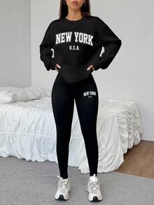 SHEIN EZwear 2件組紐約印花寬鬆圓領運動衫與緊身長褲，秋冬款 - 黑色 - 查看 7