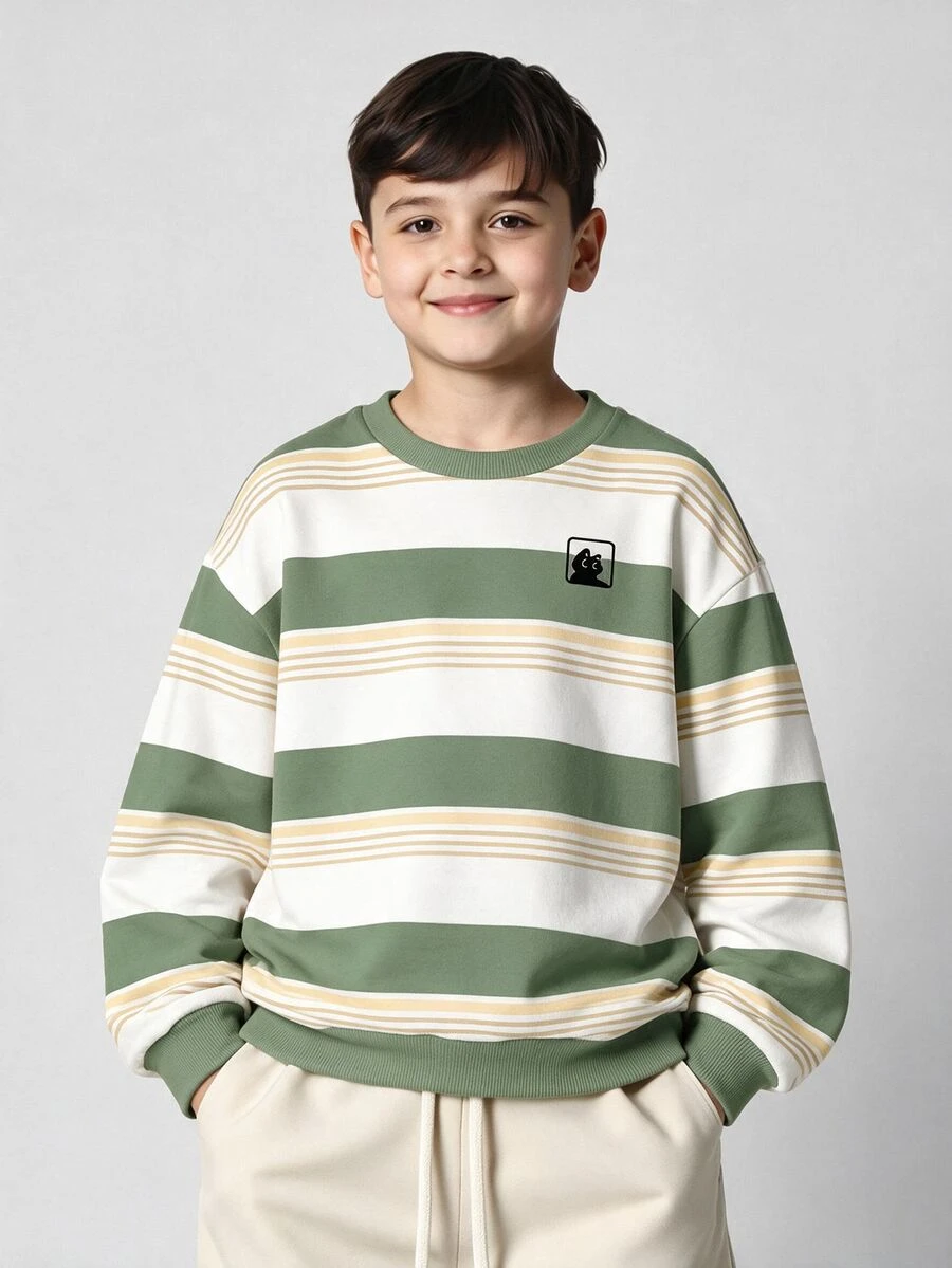 Tween Boy Casual Fashion Crew Neck Long Sleeve Sweatshirt, Suitable For Autumn/Winter, Classic Retro Striped Pattern Print, Cool Cat Logo Graphic Print - Multicolor - View 1
