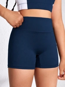 SHEIN 女童運動瑜伽室內運動親膚舒適彈性黑色短褲 - 藏蓝色 - 查看 4