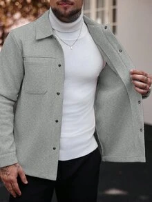 Manfinity CasualCool Men Solid Color Casual Long Sleeve Overcoat, Suitable For Autumn And Winter Overcoat Men Summer Overcoat Grey Button Up Overcoat - Light Grey - View 3