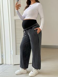 Boho Mama Celana Jogger Hamil Kasual Berlapisan Termal dengan Pinggang yang Dapat Diatur - Hitam - View 7