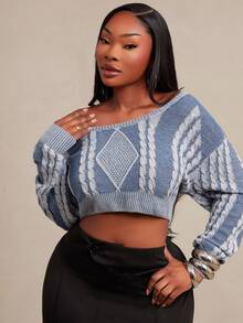 SHEIN SXY Washed Effect V-Neck Long Sleeve Cropped Slim Fit Sweater - Multicolor - View 3