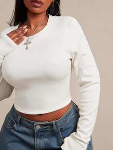 SHEIN SXY تي شيرت نسائي مقاس كبير بلون موحد كاجوال متعدد الاستخدامات للاستخدام اليومي بأكمام طويلة للشتاء - أبيض - مشاهدة 6