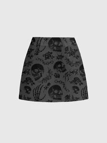 ROMWE Goth 女款深色十字架墓地神秘森林印花性感開衩迷你裙 - 黑色 - 查看 2