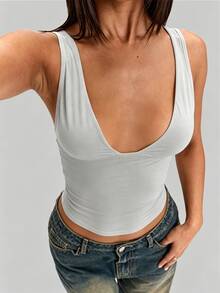 SHEIN BAE Solid Color V-Neck Fitted Women's Tank Top, Versatile All-Match Style, Wardrobe Essential, Suitable For Office, All-Season Wear, Brown Top, Casual Top - Light Grey - View 7
