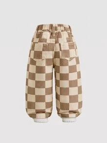 Elladie kids Denimly 女嬰簡約休閒戶外學院風百搭丹寧彈性腰格紋水洗牛仔長褲 - 棕色 - 查看 2