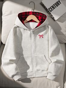 青少年女孩休閒拉鍊連帽外套 灰色運動衫 紅色蝴蝶結刺繡 格紋內裡帽 秋冬開學穿搭外套 - 彩色 - 查看 1
