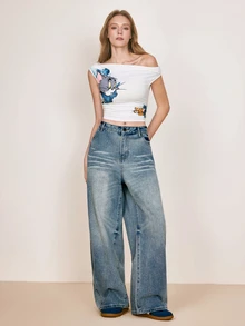 TOM & JERRY X SHEIN Women's Cartoon Print Asymmetrical Shoulder Casual Daily Wear Top - White - View 4