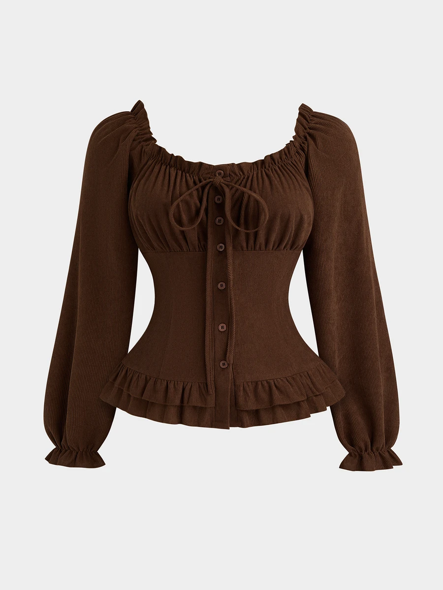 Sweetra Plus Size Women's Coffee Brown Corduroy Collar Cinched Waist Ruffle Tie Cuff Long Sleeve Blouse - Coffee Brown - View 1