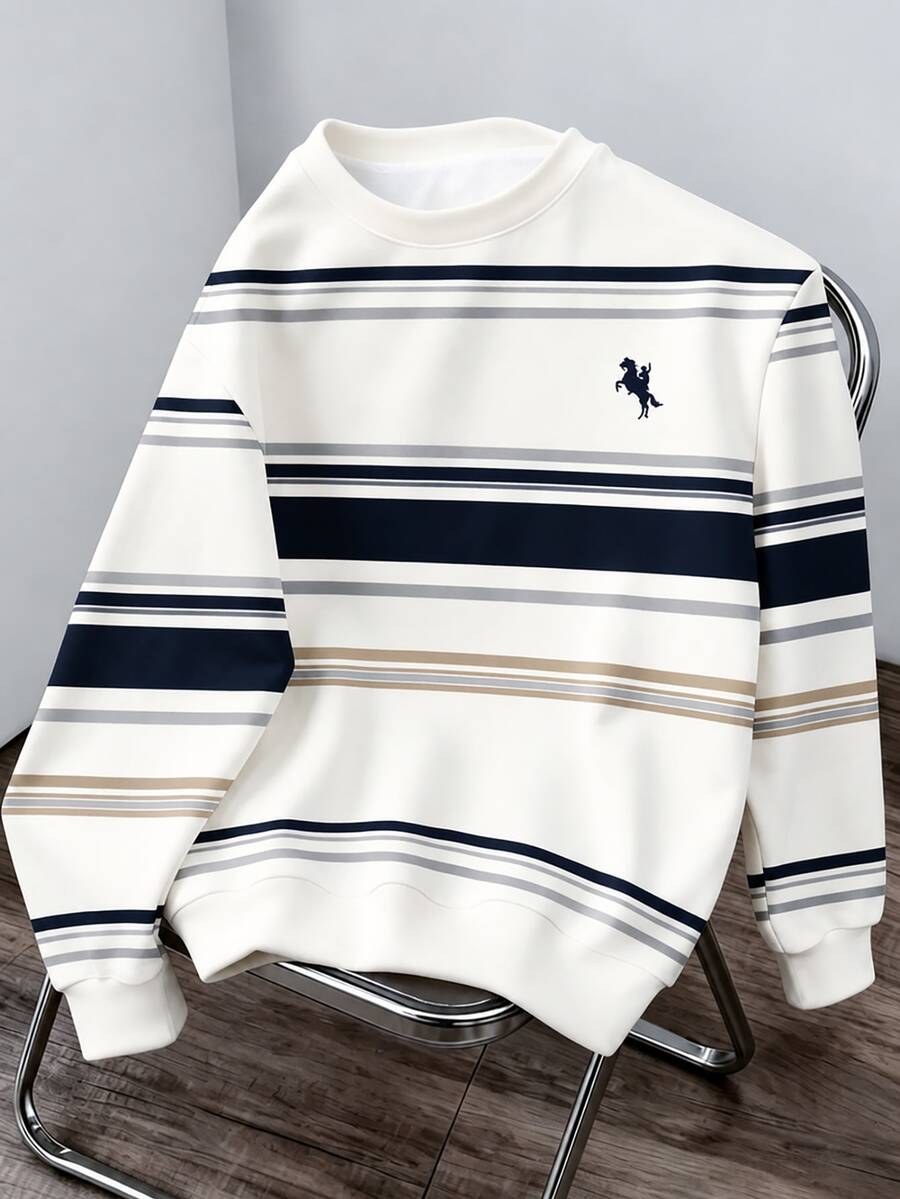 OldRiff Men's Casual Striped Pullover Sweatshirt - Apricot - View 1