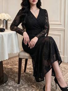Vibekara Elegant French Style V-Neck Jacquard Fish Tail Hem Long Sleeve Plus Size Women's Dress For Early Autumn Commute And Party Fall - Black - View 8