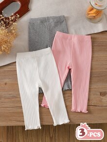 SHEIN Vintaside Kids 3件組女嬰緊身褲 粉色與白色條紋 秋季休閒度假 夏季純色褲子 極簡甜美風 直筒寬鬆慢跑褲 - 灰色 - 查看 1