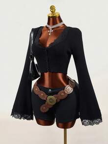 Mistrie Cardigan Wanita Musim Semi/Gugur Hitam dengan Lengan Lonceng dan Potongan Ramping, Model Slim Fit, Kancing Depan - Hitam - View 9