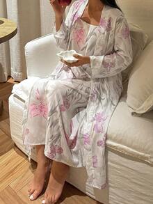 DAZY 2pcs Floral Print Sleeveless Camisole Dress & Long Cardigan Robe Women's Pajama Set - White - View 6