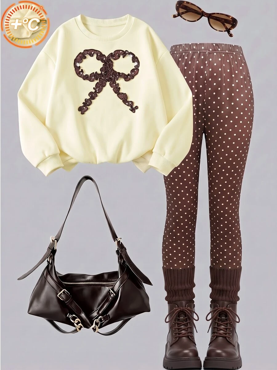 SHEIN Sparklyn Girls Korean Style Energetic Brown Sweatshirt & Ribbon Bow Fitted Long Pants 2pcs Set, - Multicolor - View 1