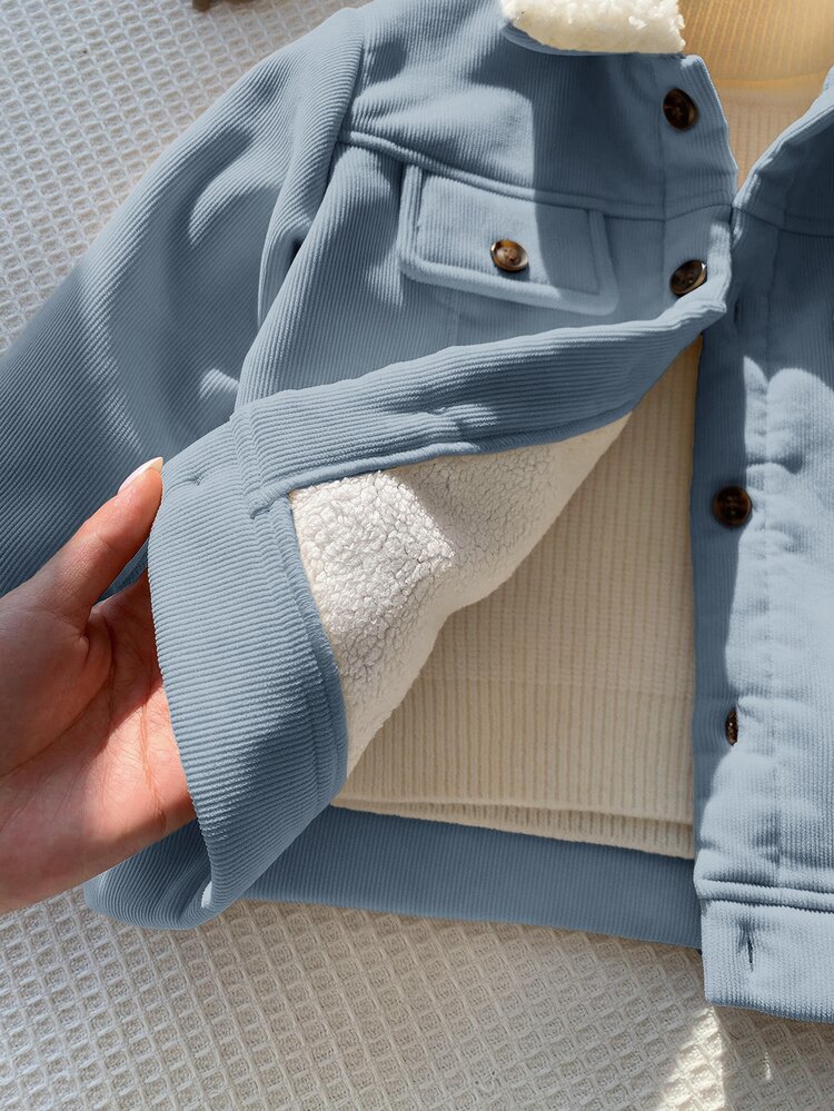 SHEIN Kids Young Boy Thermal Lined Thick Corduroy Turn-Down Collar Jacket, Thermal Jacket, Winter Jacket, Jacket, Wool, Thick, Toddler Winter Clothing - Dusty Blue - View 5