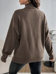 SHEIN Maternity Solid Color Cutout Shoulder Long Sleeve Casual Sweater, Autumn & Winter - Khaki - View 2