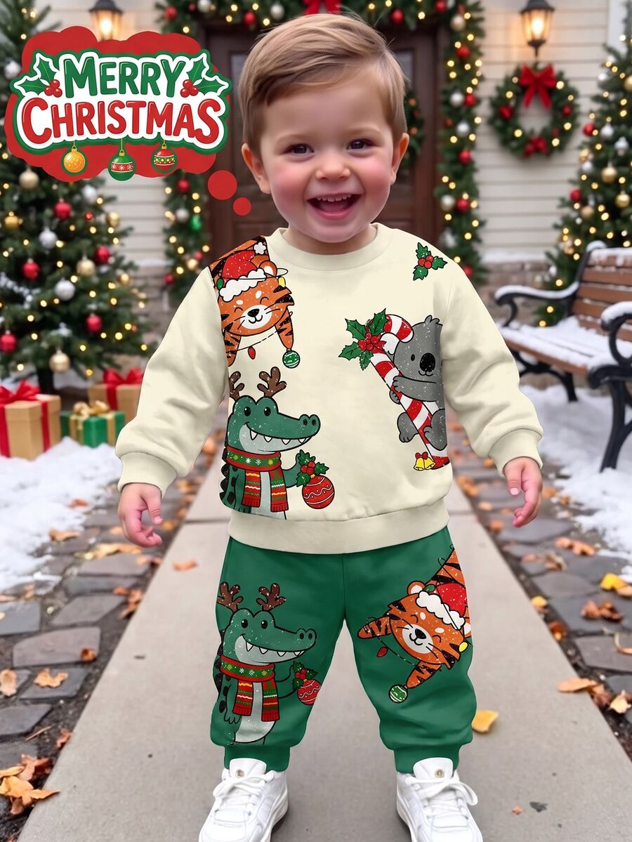 Infant Round Neck Long Sleeve Long Pants Casual Comfortable Set, Classic Christmas Pattern Print, Classic Cute Tiger Pattern Print, Christmas Sloth Pattern Print, Classic Christmas Crocodile Pattern Print, Suitable For Christmas, Suitable For Autumn/Winter - Multicolor - View 1