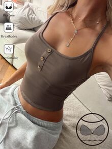 Livesso Atasan Camisole Kasual Wanita Warna Polos dengan Desain Kancing - Khaki - View 1