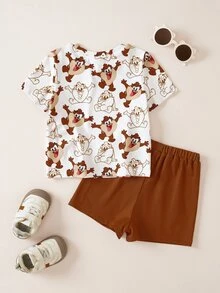 LOONEY TUNES X SHEIN Baby Boy All-Over Print Short Sleeve T-Shirt And Shorts Casual Daily Outfit Set - Multicolor - View 2