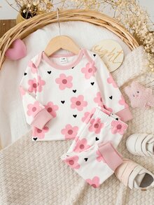SHEIN Newborn Baby Cartoon Print Top And Pants Loungewear Set - Pink - View 4