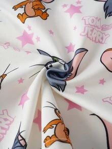 TOM & JERRY X SHEIN طقم ملابس منزلية للبنات الصغيرات بطبعة كرتونية، توب بأكمام قصيرة وشورت - وردي - مشاهدة 5
