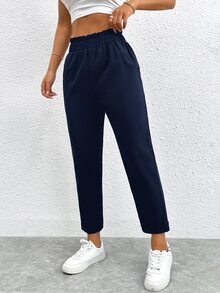 SHEIN PETITE 純色荷葉邊飾彈性腰七分褲，小碼女款 - 藏蓝色 - 查看 4