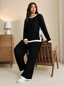 Edennvi Plus Size Women's Autumn Fashion Contrast Trim Round Neck Long Sleeve Knit Top And Pants Casual Elegant Set Fall Homewear Going Out Black And White - Black and White - View 4