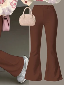 女童休閒極簡可愛波點與花卉圖案，美拉德色調，寬鬆圓領長袖衛衣與喇叭褲兩件套，抓絨內裡，適合秋冬，女童套裝，秋季新款，日系可愛，舒適 - 彩色 - 查看 4