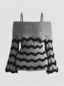 ROMWE Goth Plus Size Women's Colorblock Casual Daily Long Sleeve Sweater - Multicolor - View 1