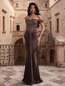 Coutiva Women's Patchwork Sequin Off-Shoulder Mermaid Hemline Glamorous Formal Evening Gown - Brown - View 3