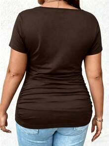 EMERY ROSE Plus Size Women's Solid Color Round Neck Short Sleeve Casual Waist Pleated T-Shirt - Multicolor - View 2